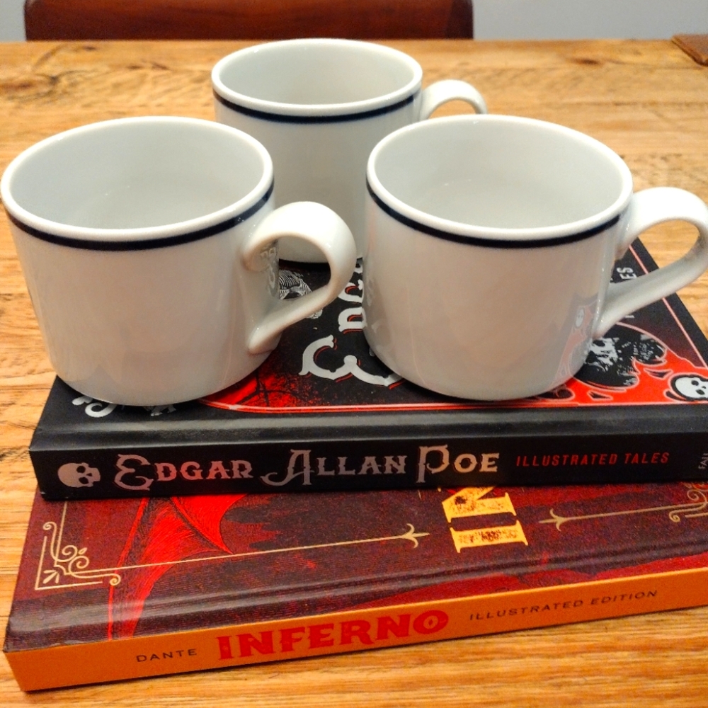 Dansk Bistro Ceramic Set of 4 Mugs with Blue Trim